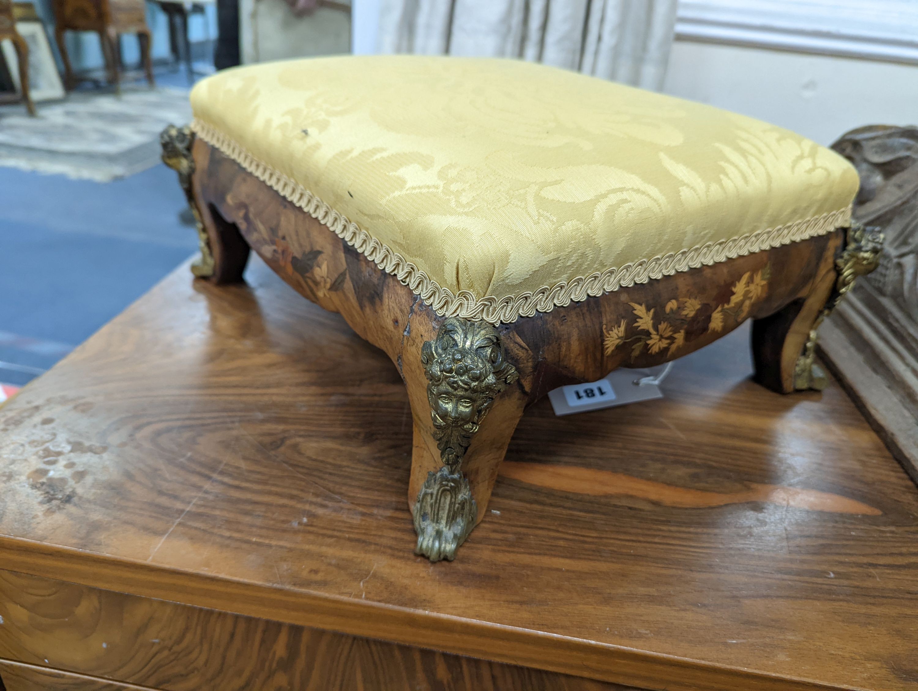 A 19th century gilt metal mounted marquetry inlaid rectangular walnut footstool, width 38cm, depth 35cm, height 17cm